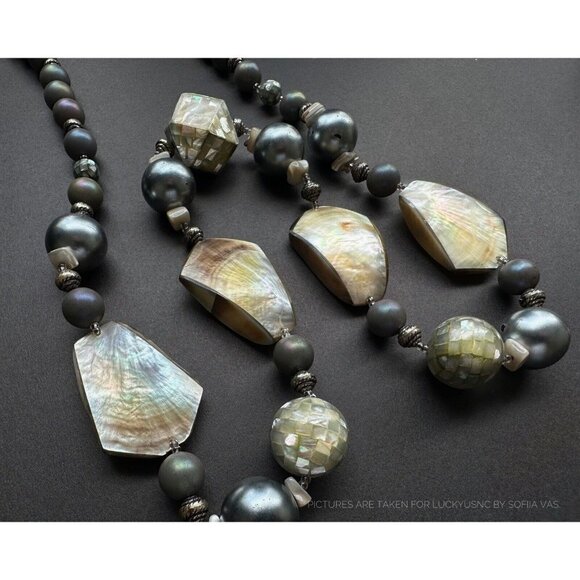 Vintage Rainbow Shell 4, Mozaic & grey ball beaded Statement Necklace 33” - Picture 1 of 6